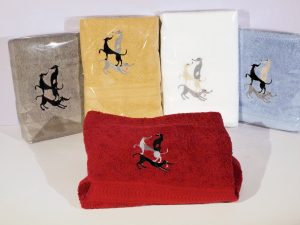 greyhound,greyhound art,greyhound gift,greyhound presents,item with greyhounds on,emroidered greyhound,greyhound embroidery,dog towel,towel with dog on,