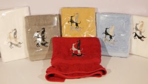 greyhound,greyhound art,greyhound gift,greyhound presents,item with greyhounds on,emroidered greyhound,greyhound embroidery,dog towel,towel with dog on,